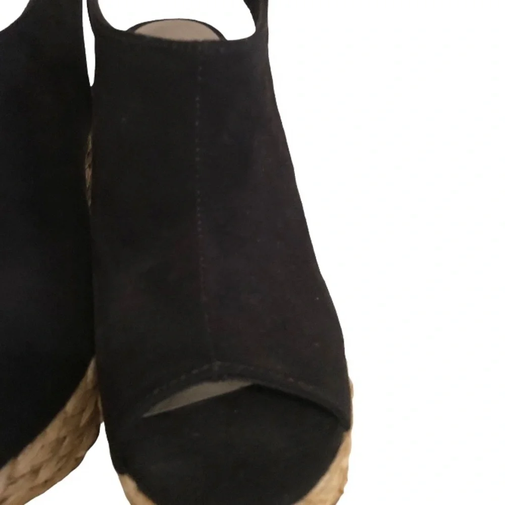 Carlos Santana Black Suede Leather Peep Toe Slingback Espadrille Wedges Sz 6.5 - Picture 4 of 7